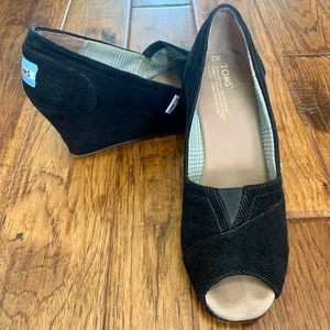 TOMS | Black Corduroy Peep Toe Wedge Sandals